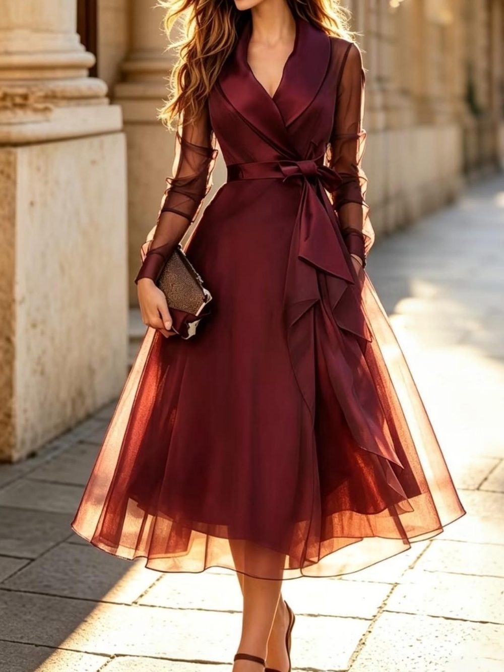 Women's Burgundy Wrap Midi Dress with Sheer Organza Sleeves